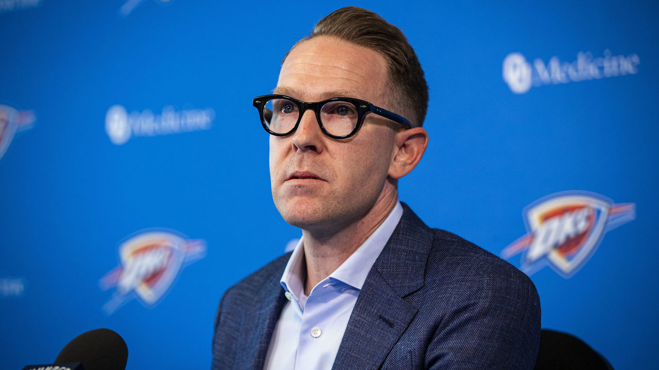 OKLAHOMA CITY, OK - JULY 25: Oklahoma City Thunder General Manager Sam Presti speaks with media at the Thunder ION on July 25, 2019 in Oklahoma City, OK. NOTE TO USER: User expressly acknowledges and agrees that, by downloading and or using this photograph, User is consenting to the terms and conditions of the Getty Images License Agreement. Mandatory Copyright Notice: Copyright 2019 NBAE (Photo by Zach Beeker/NBAE via Getty Images)