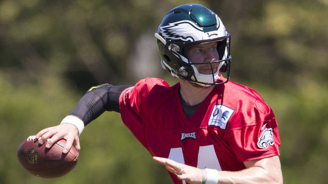 PHILADELPHIA, PA - JUNE 11: Carson Wentz #11 of the Philadelphia Eagles throws the ball during mandatory minicamp at the NovaCare Complex on June 11, 2019 in Philadelphia, Pennsylvania.