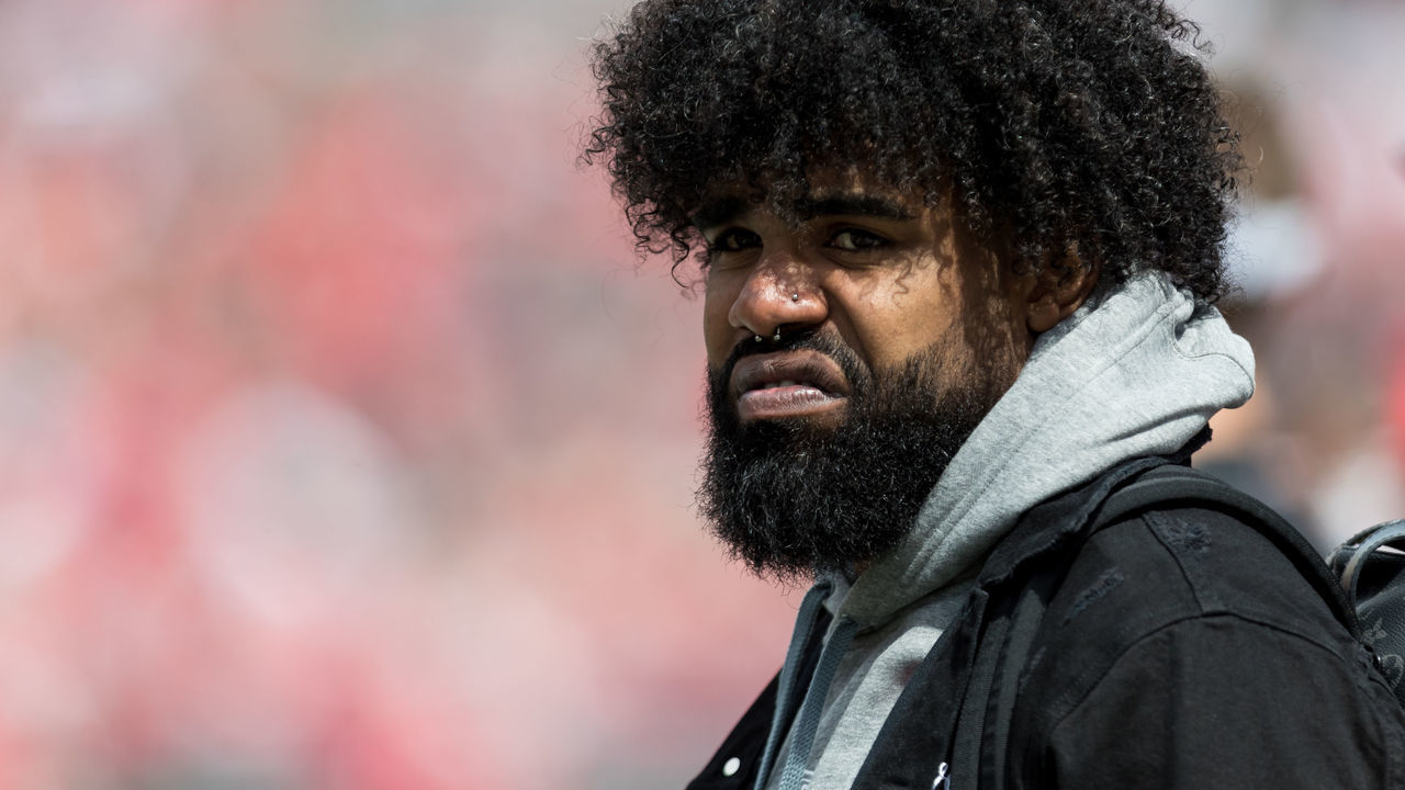 COLUMBUS, OH - APRIL 13: Former Ohio State Buckeye and current Dallas Cowboy Ezekiel Elliot watches the Ohio State Life Sports Spring Game presented by Nationwide at Ohio Stadium in Columbus, Ohio on April 13th, 2019.