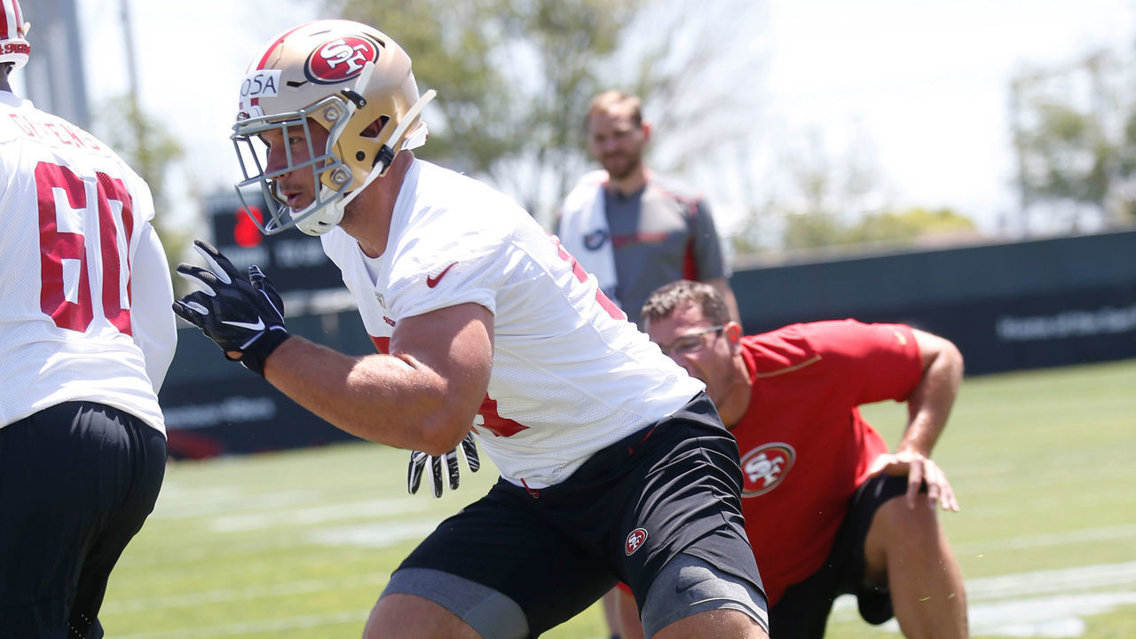 SANTA CLARA, CA - OCTOBER 21: Nick Bosa #97 of the San Francisco 49ers goes through drills during the 49ers Rookie Camp at the SAP Performance Facility on May 3, 2019 in Santa Clara, California.