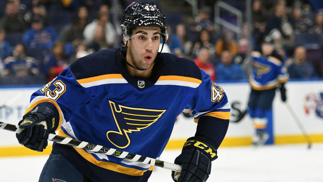 ST. LOUIS, MO - OCTOBER 25: St. Louis Blues defenseman Jordan Schmaltz (43) during a NHL game between the Columbus Blue Jackets and the St. Louis Blues on October 25, 2018, at Enterprise Center, St. Louis, MO. Columbus beat St. Louis 7-4.