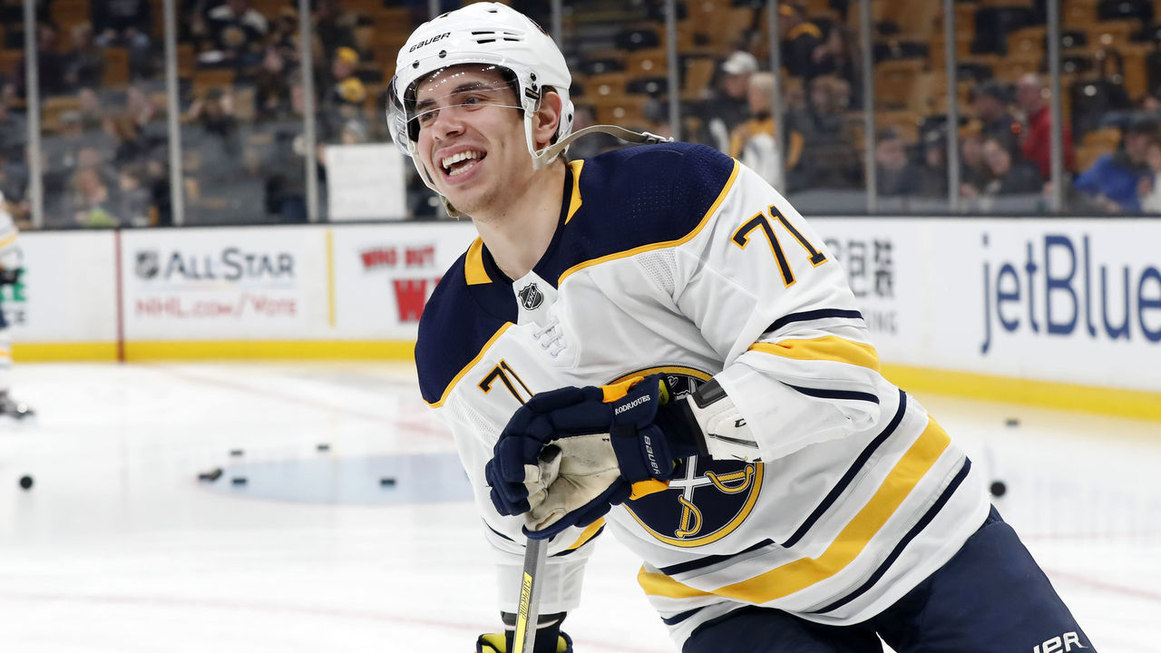 BOSTON, MA - JANUARY 05: Buffalo Sabres left wing Evan Rodrigues (71) skates during warm up before a game between the Boston Bruins and the Buffalo Sabres on January 5, 2019, at TD Garden in Boston, Massachusetts.