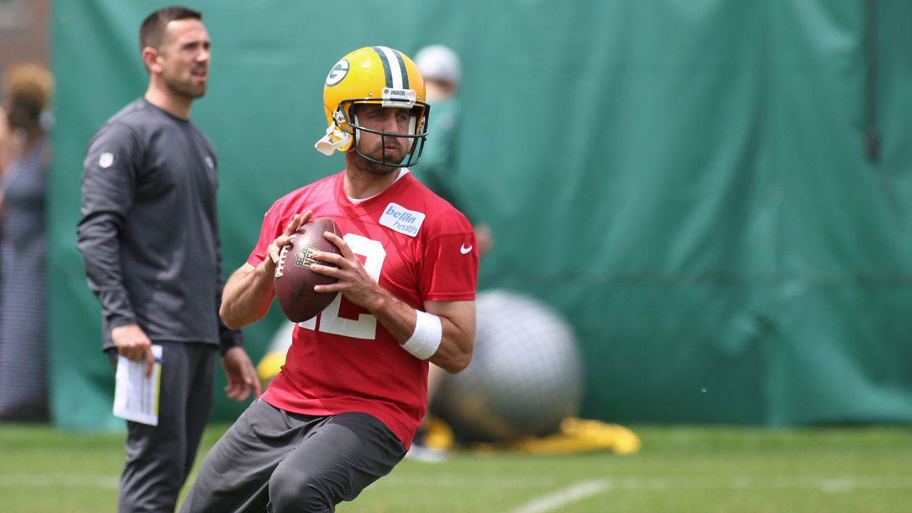 GREEN BAY, WI - MAY 29: Green Bay Packers quarterback Aaron Rodgers (12) goes back to pass during Green Bay Packers OTA at Clarke Hinkle Field on May 29, 2019 in Green Bay, WI.
