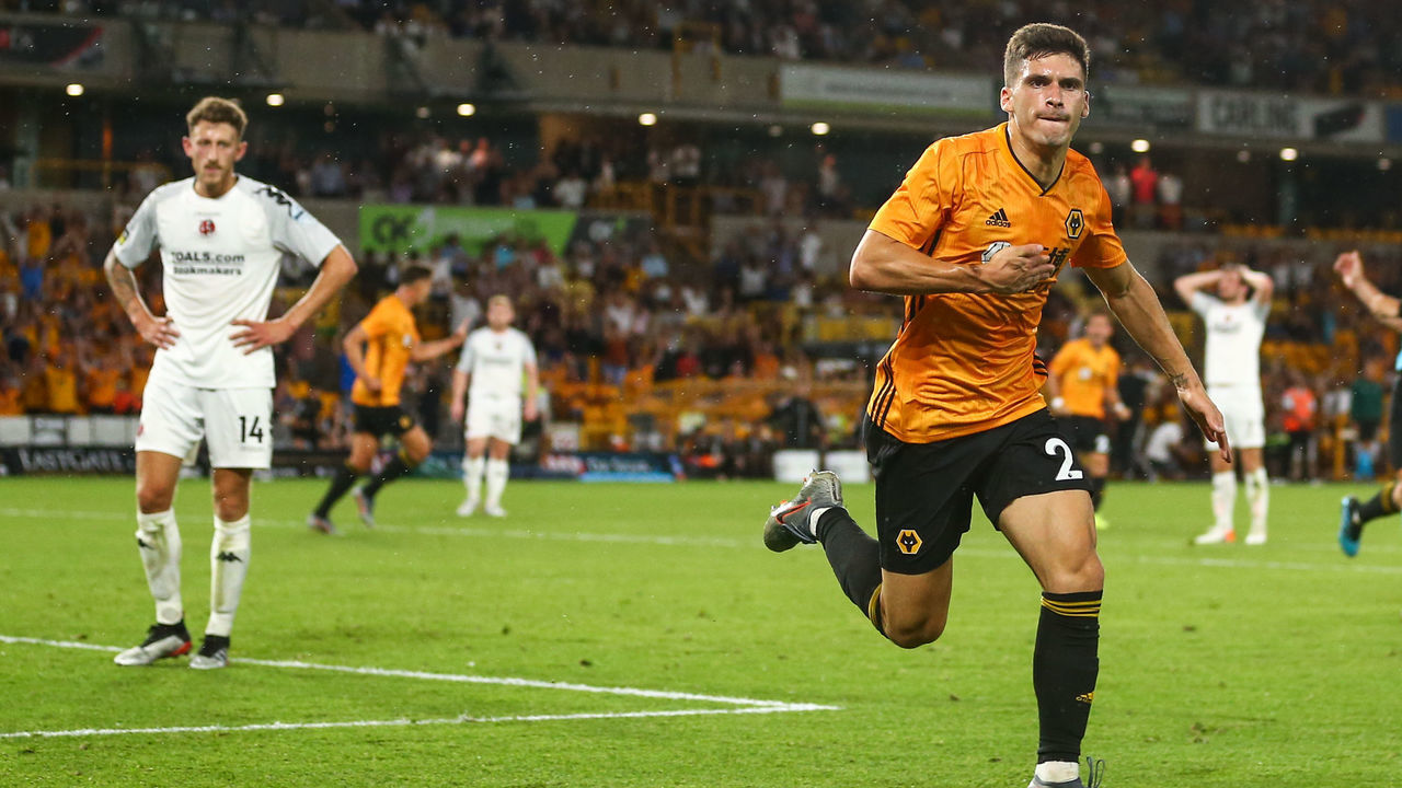 WOLVERHAMPTON, ENGLAND - JULY 25: Ruben Vinagre of Wolverhampton Wanderers celebrates after scoring a goal to make it 2-0 during the UEFA Europa League Second Qualifying round 1st Leg fixture between Wolverhampton Wanderers and Crusaders at Molineux on July 25, 2019 in Wolverhampton, England.