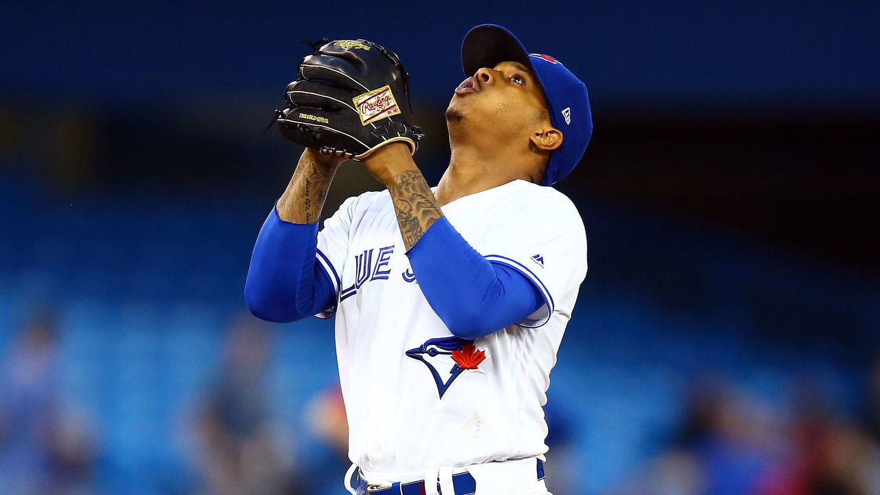 TORONTO, ON - JUNE 18: Marcus Stroman #6 of the Toronto Blue Jays prepares to pitch in the eighth inning during a MLB game against the Los Angeles Angels of Anaheim at Rogers Centre on June 18, 2019 in Toronto, Canada.