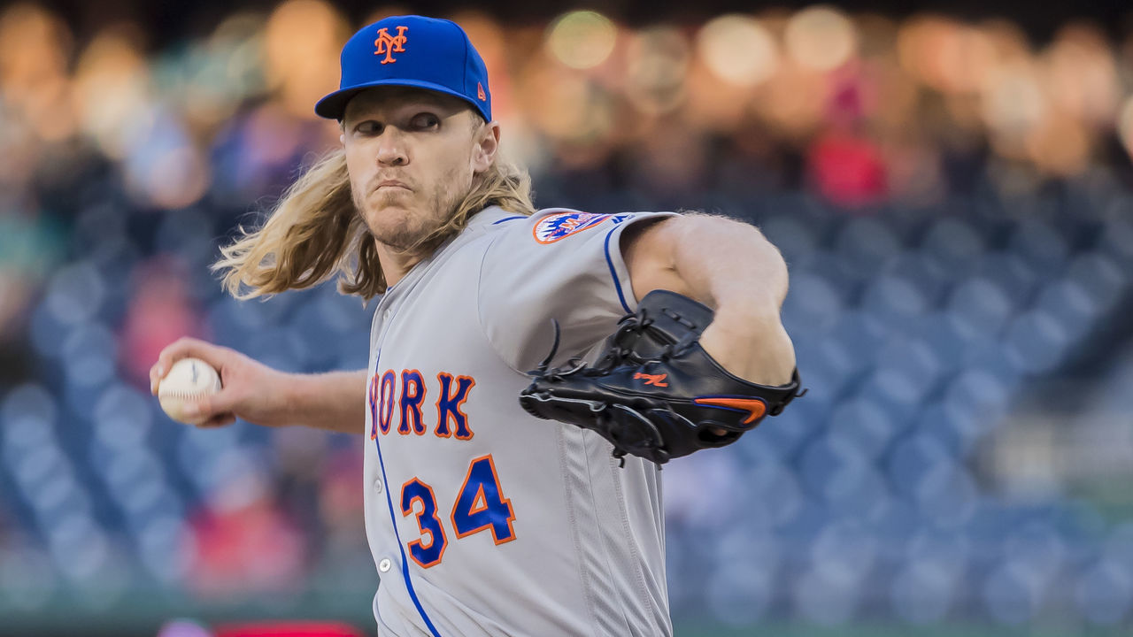 WASHINGTON, DC - MAY 14: Noah Syndergaard #34 of the New York Mets pitches against the Washington Nationals during the first inning at Nationals Park on May 14, 2019 in Washington, DC.