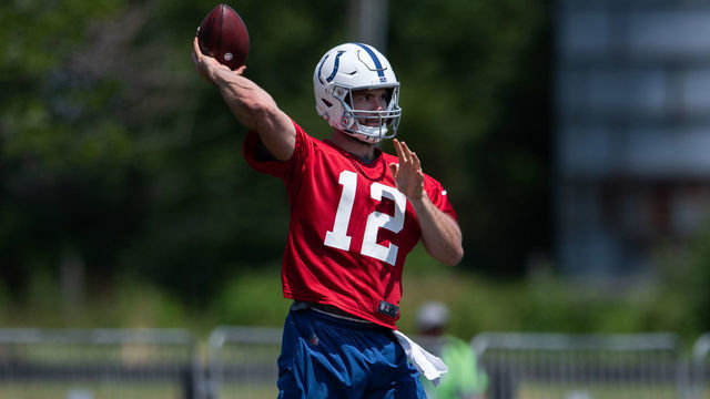 WESTFIELD, IN - JULY 25: Indianapolis Colts quarterback Andrew Luck (12) runs through a drill during the Indianapolis Colts training camp practice on July 25, 2019 at the Grand Park Sports Campus in Westfield, IN.