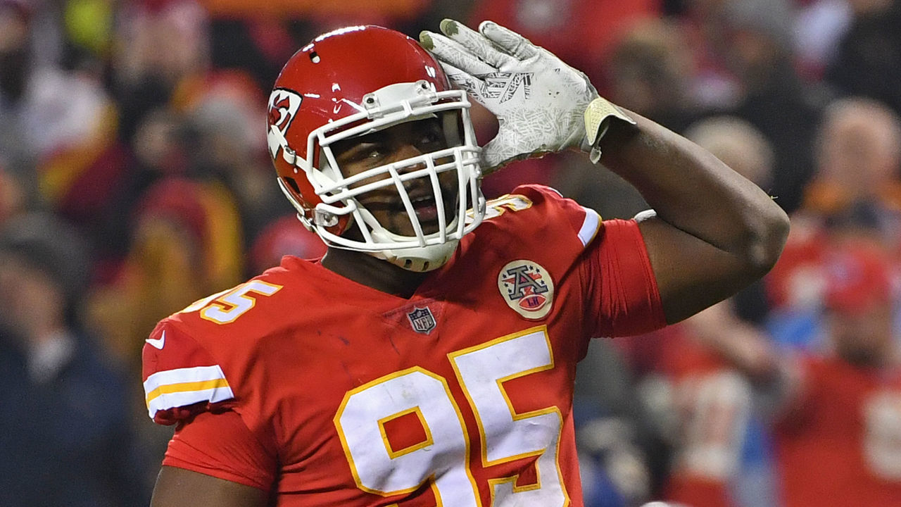KANSAS CITY, MO - DECEMBER 13: Defensive end Chris Jones #95 of the Kansas City Chiefs reacts to the crowd during the first half against the Los Angeles Chargers on December 13, 2018 at Arrowhead Stadium in Kansas City, Missouri.