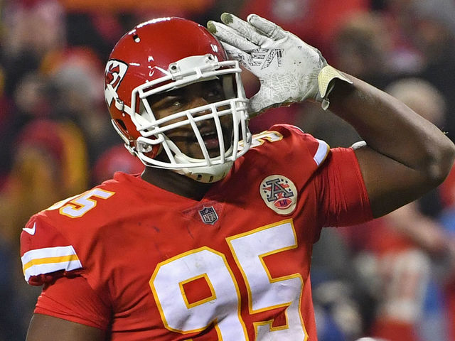 KANSAS CITY, MO - DECEMBER 13: Defensive end Chris Jones #95 of the Kansas City Chiefs reacts to the crowd during the first half against the Los Angeles Chargers on December 13, 2018 at Arrowhead Stadium in Kansas City, Missouri.