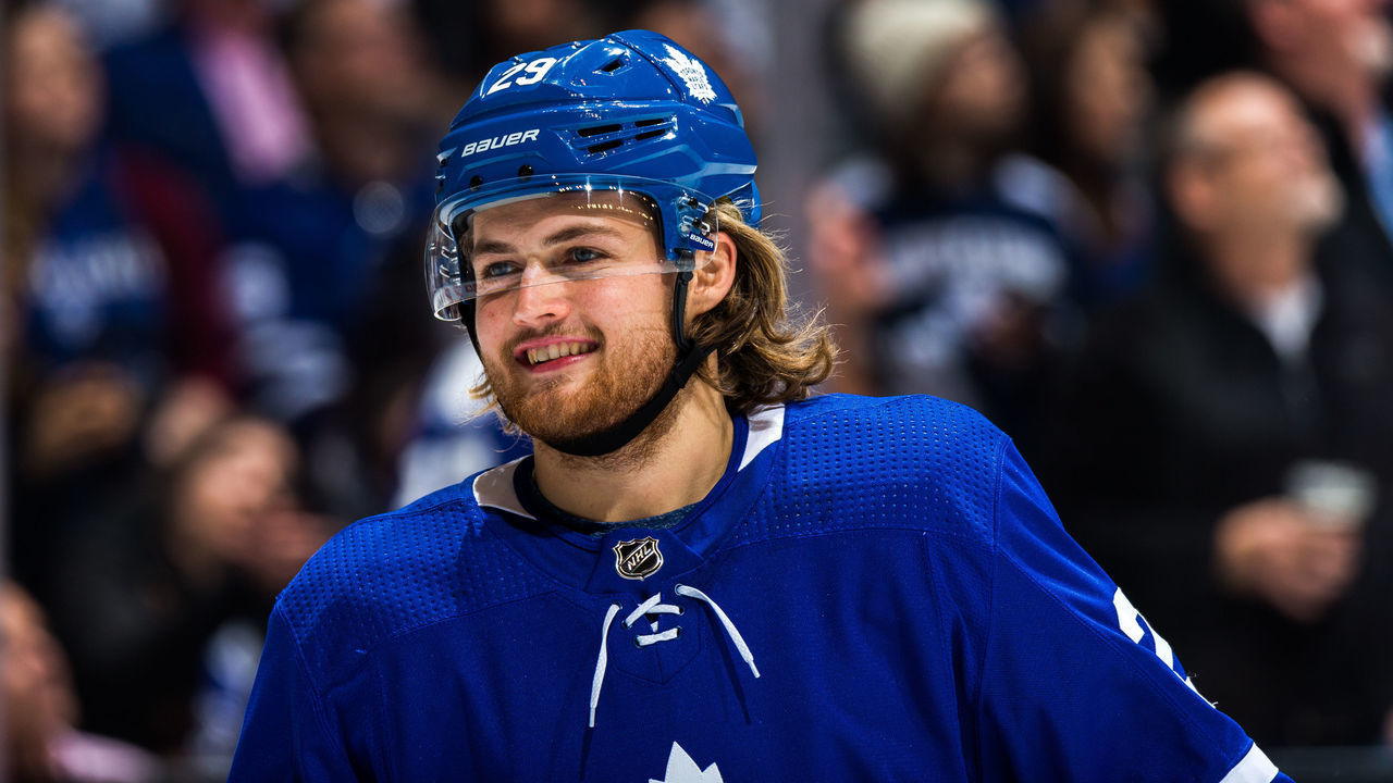 TORONTO, ON - DECEMBER 20: Toronto Maple Leafs right wing William Nylander #29 smiles at an NHL game against the Florida Panthers during the second period at the Scotiabank Arena on December 20, 2018 in Toronto, Ontario, Canada.