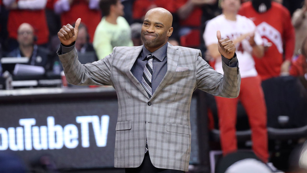 TORONTO, CANADA - JUNE 10: Vince Carter #15 of the Atlanta Hawks is honored during a game between the Golden State Warriors and the Toronto Raptors during Game Five of the NBA Finals on June 10, 2019 at Scotiabank Arena in Toronto, Ontario, Canada. NOTE TO USER: User expressly acknowledges and agrees that, by downloading and/or using this photograph, user is consenting to the terms and conditions of the Getty Images License Agreement. Mandatory Copyright Notice: Copyright 2019 NBAE