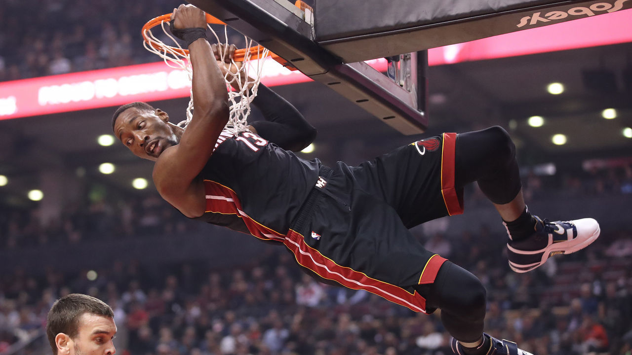 TORONTO, ON - APRIL 07: Bam Adebayo #13 of the Miami Heat finished an alley-oop in the first quarter against the Toronto Raptors at Scotiabank Arena on April 7, 2019 in Toronto, Canada.