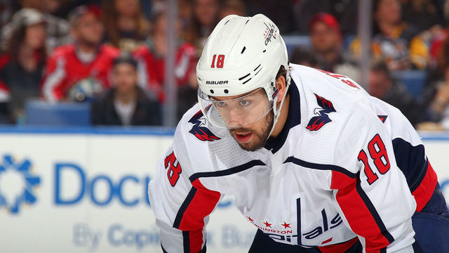 BUFFALO, NY - FEBRUARY 23: Chandler Stephenson #18 of the Washington Capitals prepares for a face-off during an NHL game against the Buffalo Sabres on February 23, 2019 at KeyBank Center in Buffalo, New York.