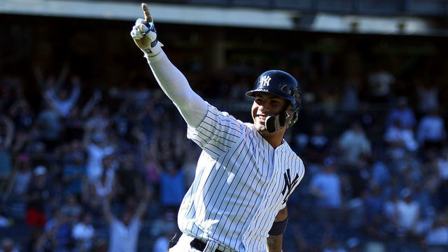BRONX, NY - JUNE 26: Gleyber Torres #25 of the New York Yankees celebrates his walk-off base hit against the Toronto Blue Jays at Yankee Stadium on Wednesday, June 26, 2019 in the Bronx borough of New York City.