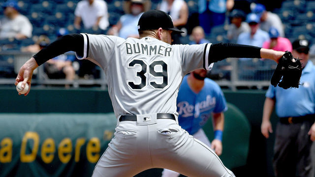 KANSAS CITY, MO. - JULY 18: Chicago White Sox relief pitcher Aaron Bummer (39) pitches during a Major League Baseball game between the Chicago White Sox and the Kansas City Royals on July 18, 2019, at Kauffman Stadium, Kansas City, MO.