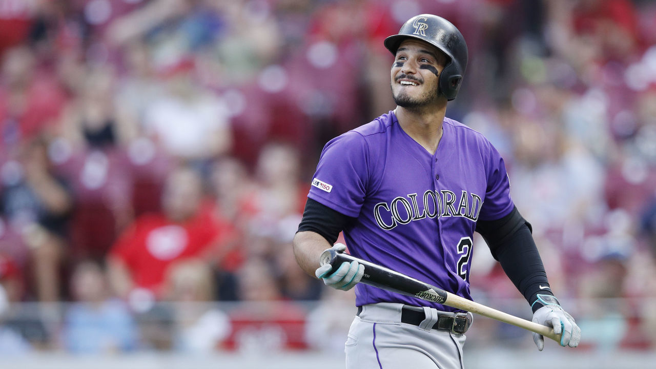 CINCINNATI, OH - JULY 26: Nolan Arenado #28 of the Colorado Rockies reacts after striking out in the third inning against the Cincinnati Reds at Great American Ball Park on July 26, 2019 in Cincinnati, Ohio.
