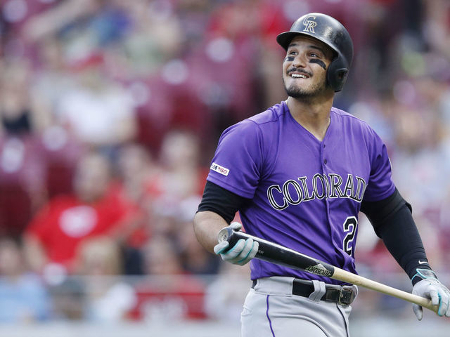 CINCINNATI, OH - JULY 26: Nolan Arenado #28 of the Colorado Rockies reacts after striking out in the third inning against the Cincinnati Reds at Great American Ball Park on July 26, 2019 in Cincinnati, Ohio.