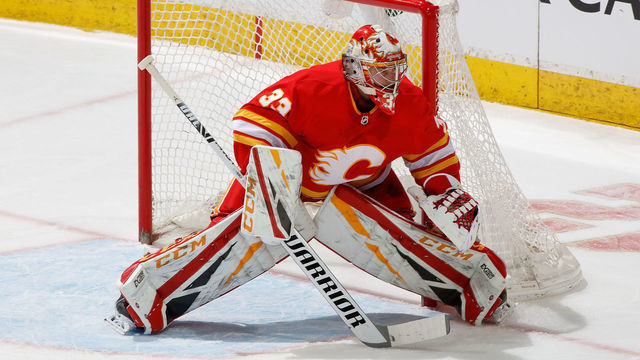 CALGARY, AB - MARCH 4: David Rittich #33 of the Calgary Flames in net against the Toronto Maple Leafs at Scotiabank Saddledome on March 4, 2019 in Calgary, Alberta, Canada.