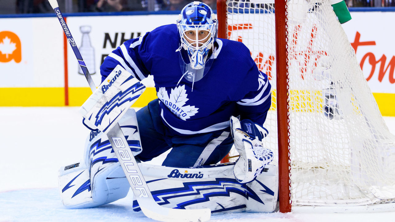 TORONTO, ON - APRIL 02: Toronto Maple Leafs Goalie Garret Sparks (40) tends the net during the NHL regular season game between the Carolina Hurricanes and the Toronto Maple Leafs on April 2, 2019, at Scotiabank Arena in Toronto, ON, Canada.