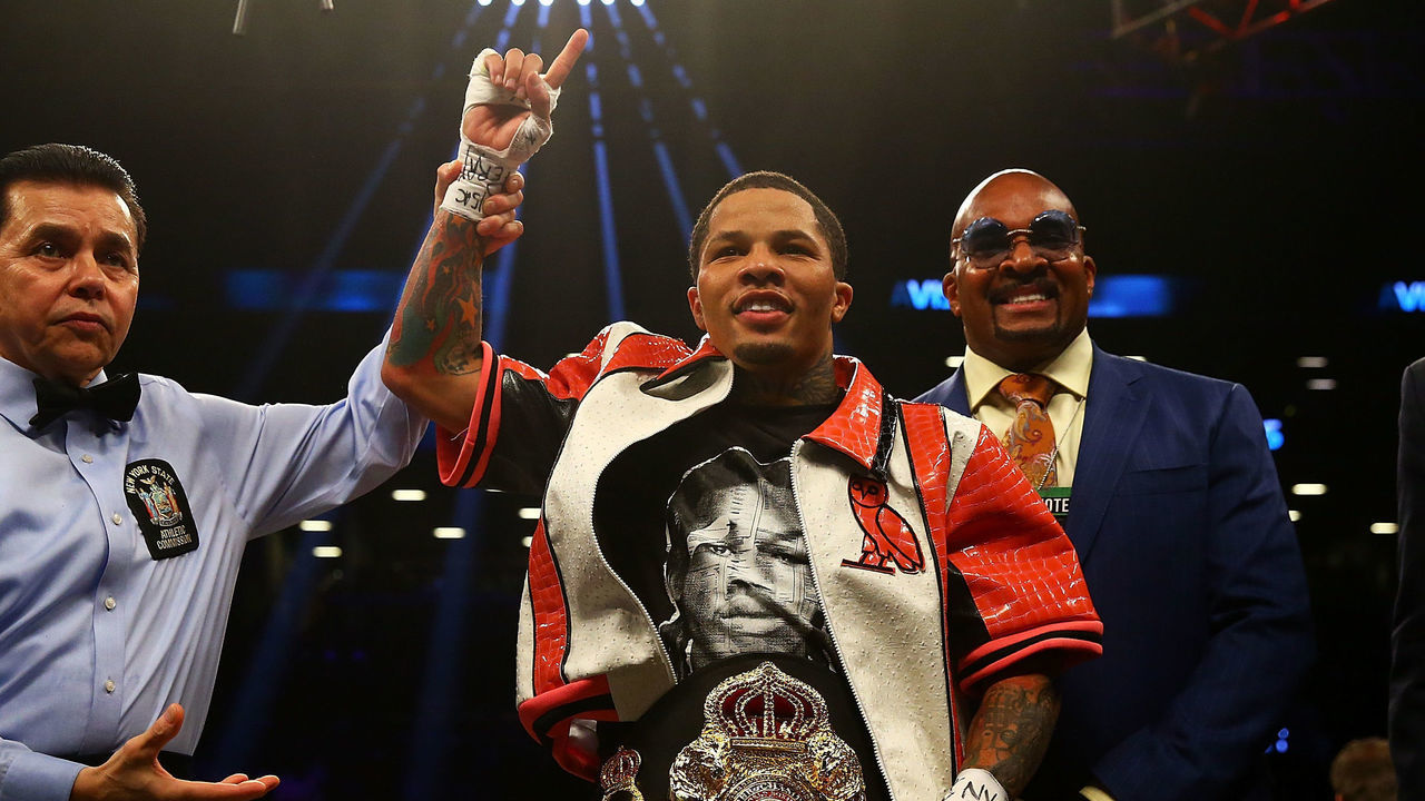 NEW YORK, NY - APRIL 21: Gervonta Davis celebrates after he TKO's Jesus Cuellar in the third round to win the WBA Super Featherweight Championship bout at Barclays Center on April 21, 2018 in New York City.