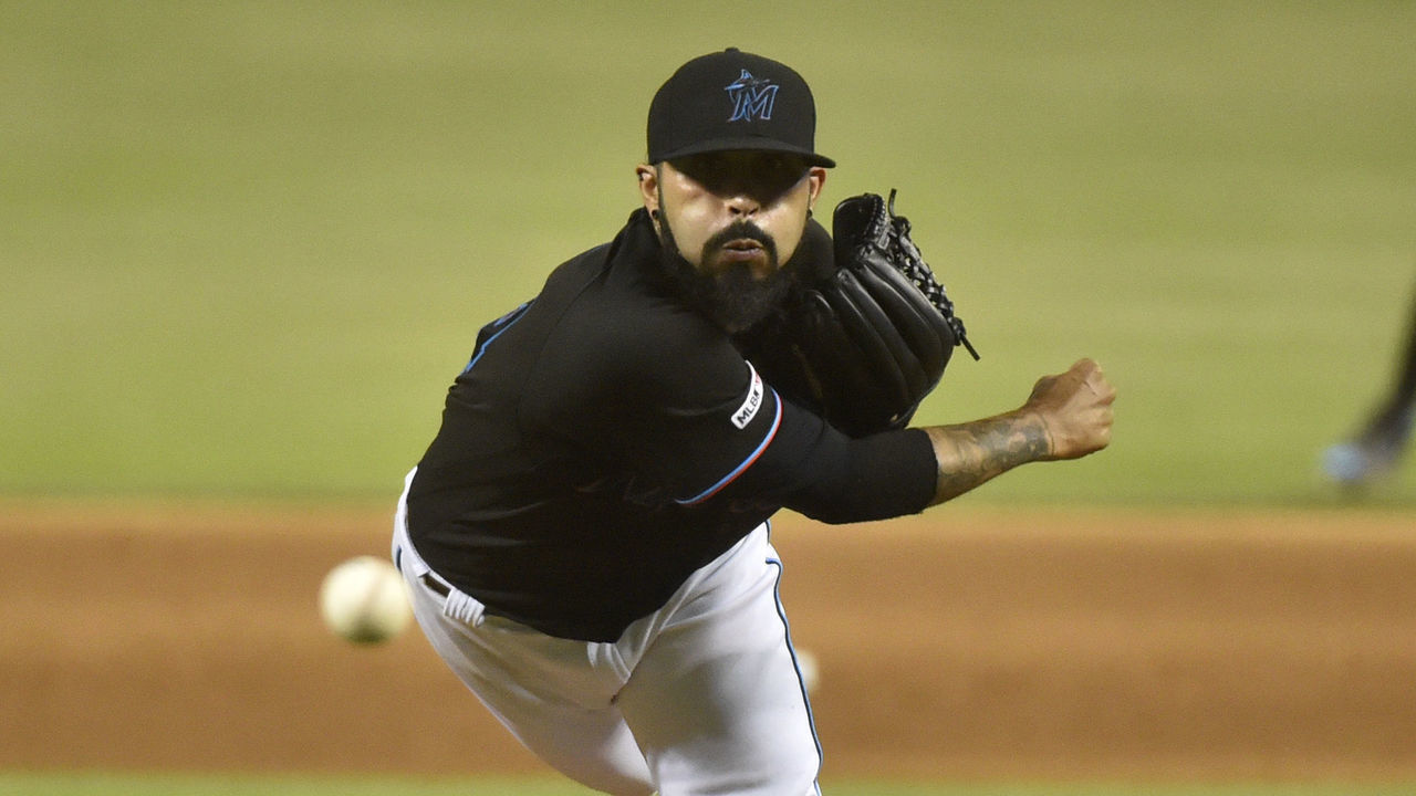 MIAMI, FL - JUNE 28: Sergio Romo #54 of the Miami Marlins throws a pitch during the ninth inning against the Philadelphia Phillies at Marlins Park on June 28, 2019 in Miami, Florida.