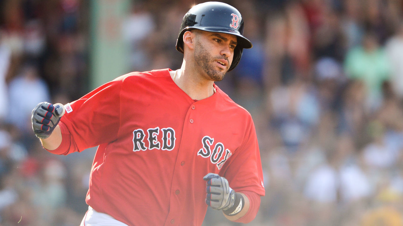 BOSTON, MA - JULY 27: J.D. Martinez #28 of the Boston Red Sox reacts after hitting a two run home run in the fourth inning against the New York Yankees at Fenway Park on July 27, 2019 in Boston, Massachusetts.