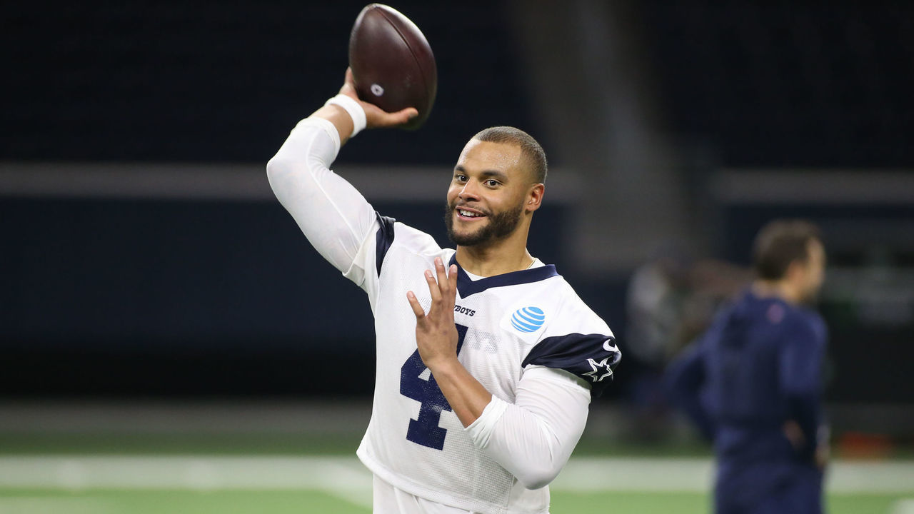 FRISCO, TX - MAY 29: Dallas Cowboys quarterback Dak Prescott (4) passes the ball during the Dallas Cowboys OTA on May 29, 2019 at The Star in Frisco, TX.