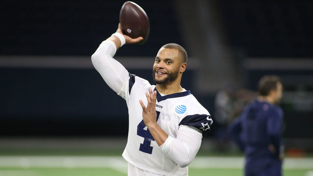 FRISCO, TX - MAY 29: Dallas Cowboys quarterback Dak Prescott (4) passes the ball during the Dallas Cowboys OTA on May 29, 2019 at The Star in Frisco, TX.