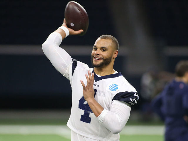 FRISCO, TX - MAY 29: Dallas Cowboys quarterback Dak Prescott (4) passes the ball during the Dallas Cowboys OTA on May 29, 2019 at The Star in Frisco, TX.