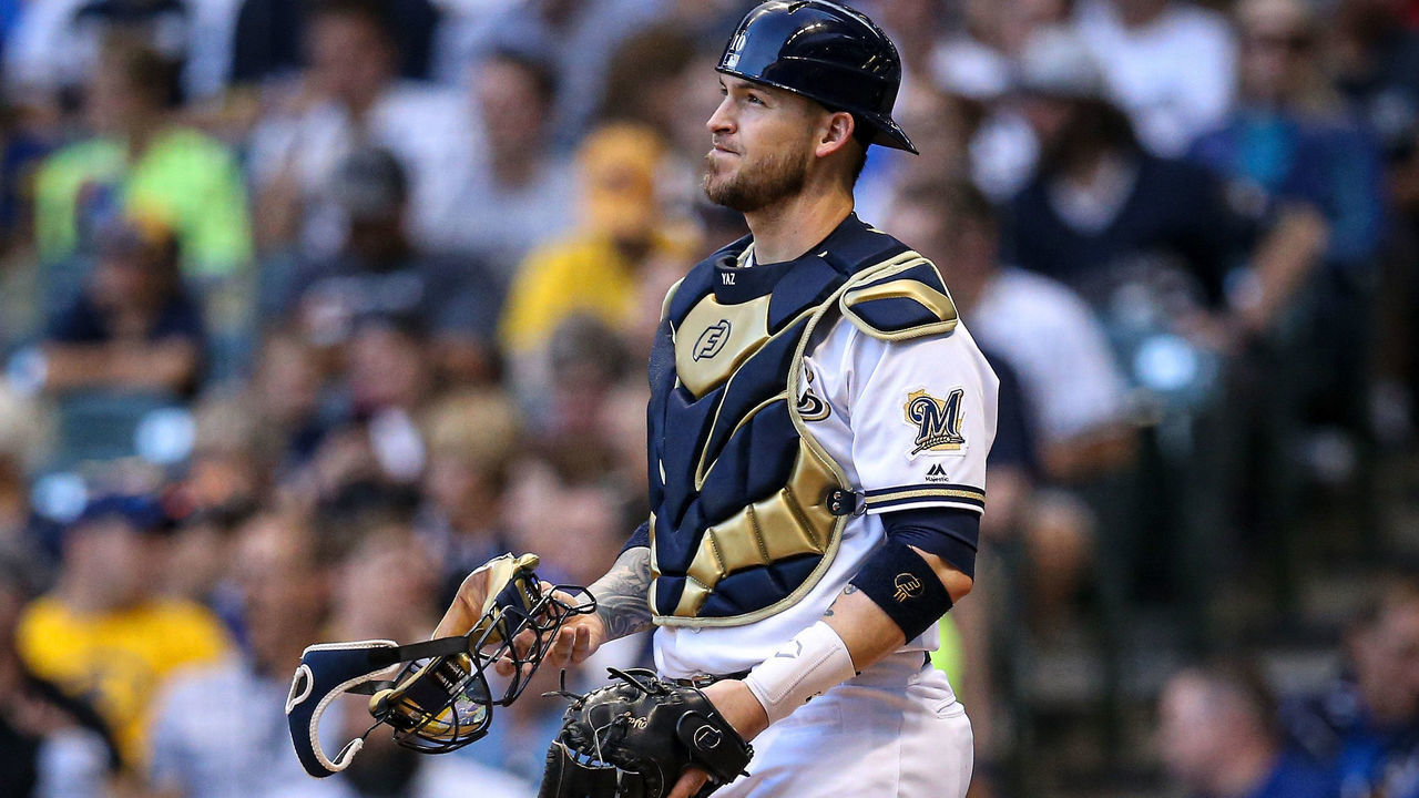 MILWAUKEE, WISCONSIN - JULY 22: Yasmani Grandal #10 of the Milwaukee Brewers looks on in the third inning against the Cincinnati Reds at Miller Park on July 22, 2019 in Milwaukee, Wisconsin.