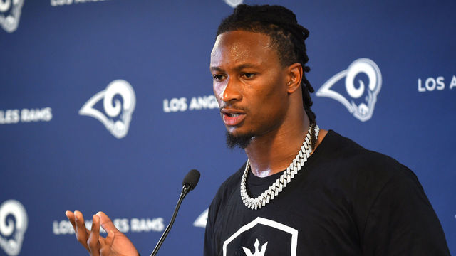 THOUSAND OAKS, CA - JUNE 11: Todd Gurley #30 of the Los Angeles Rams talks to the media following minicamp at the team's practice facility at California Lutheran University on June 11, 2019 in Thousand Oaks, California.