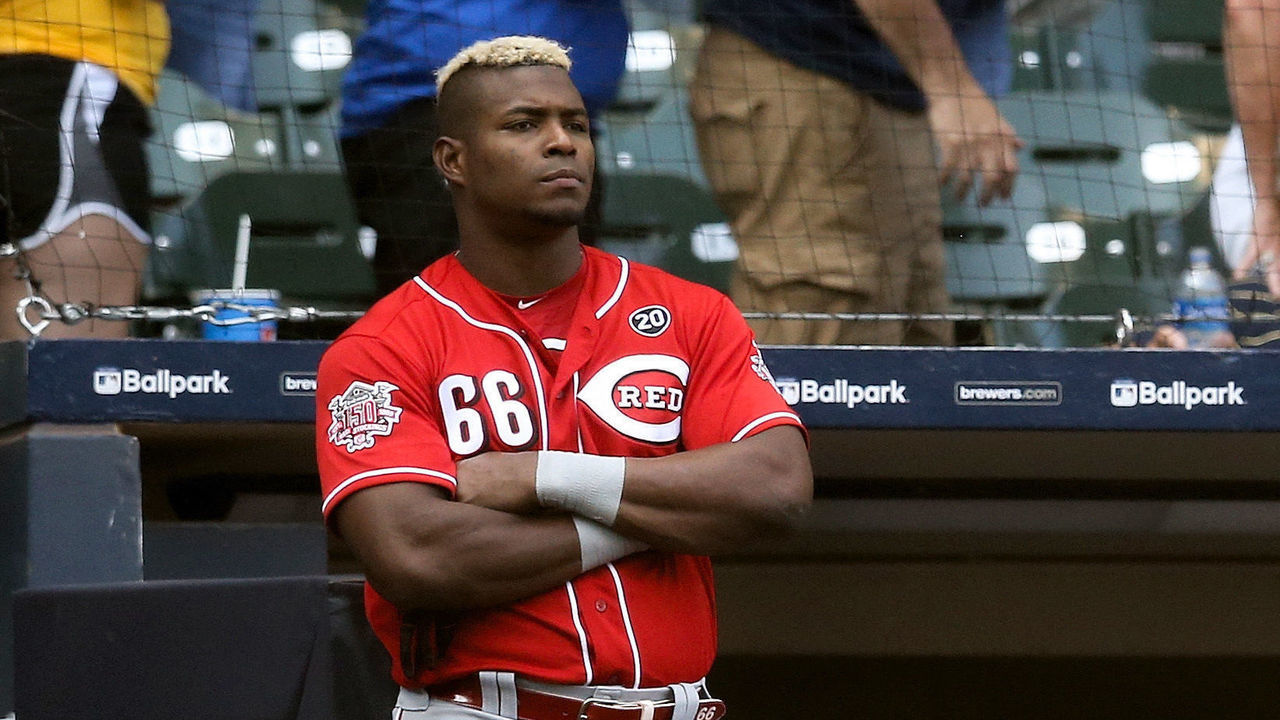 MILWAUKEE, WISCONSIN - JULY 24: Yasiel Puig #66 of the Cincinnati Reds looks on in the ninth inning against the Milwaukee Brewers at Miller Park on July 24, 2019 in Milwaukee, Wisconsin.