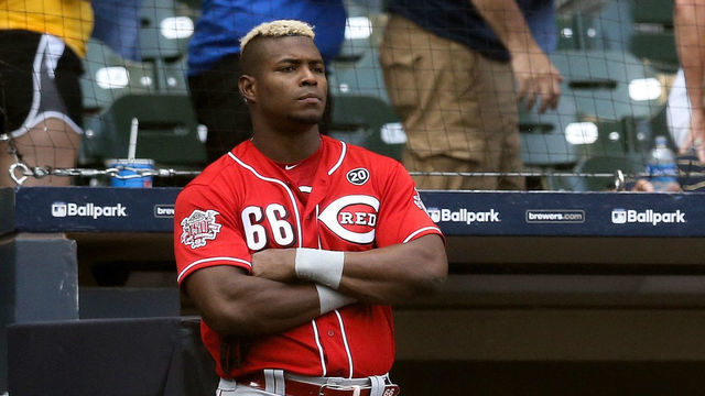 MILWAUKEE, WISCONSIN - JULY 24: Yasiel Puig #66 of the Cincinnati Reds looks on in the ninth inning against the Milwaukee Brewers at Miller Park on July 24, 2019 in Milwaukee, Wisconsin.