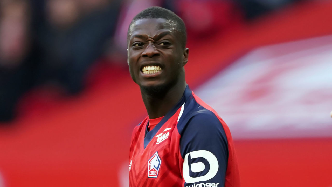 LILLE, FRANCE - FEBRUARY 17: Lille's Nicolas Pepe reacts during the Ligue 1 match between Lille and Montpellier at Stade Pierre Mauroy on February 17, 2019 in Lille, France.
