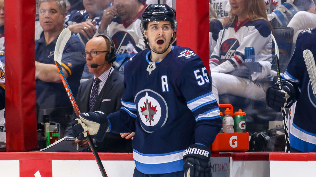 WINNIPEG, MB - APRIL 12: Mark Scheifele #55 of the Winnipeg Jets reacts after being called for a two minute minor penalty during first period action against the St. Louis Blues in Game Two of the Western Conference First Round during the 2019 NHL Stanley Cup Playoffs at the Bell MTS Place on April 12, 2019 in Winnipeg, Manitoba, Canada.