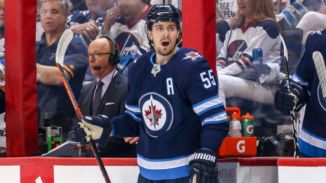 WINNIPEG, MB - APRIL 12: Mark Scheifele #55 of the Winnipeg Jets reacts after being called for a two minute minor penalty during first period action against the St. Louis Blues in Game Two of the Western Conference First Round during the 2019 NHL Stanley Cup Playoffs at the Bell MTS Place on April 12, 2019 in Winnipeg, Manitoba, Canada.