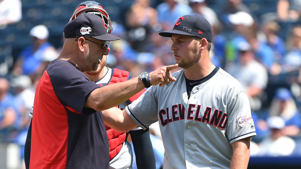 KANSAS CITY, MISSOURI - JULY 28: Manager Terry Francona #77 of the Cleveland Indians gestures as starting pitcher Trevor Bauer #47 leaves a game in the fifth inning against the Kansas City Royals at Kauffman Stadium on July 28, 2019 in Kansas City, Missouri.