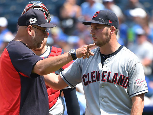 KANSAS CITY, MISSOURI - JULY 28: Manager Terry Francona #77 of the Cleveland Indians gestures as starting pitcher Trevor Bauer #47 leaves a game in the fifth inning against the Kansas City Royals at Kauffman Stadium on July 28, 2019 in Kansas City, Missouri.