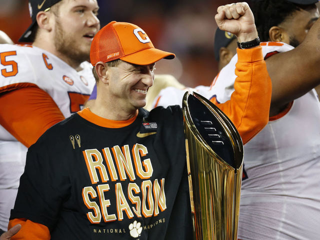 SANTA CLARA, CA - JANUARY 7: Clemson head coach Dabo Swinney celebrates after Clemson beat Alabama 44-16 to win the College Football Playoff National Championship at Levi's Stadium in Santa Clara, Calif., on Monday, Jan. 7, 2019.