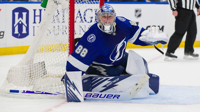 TAMPA, FL - APRIL 10: Goalie Andrei Vasilevskiy #88 of the Tampa Bay Lightning skates against the Columbus Blue Jackets in Game One of the Eastern Conference First Round during the 2019 NHL Stanley Cup Playoffs at at Amalie Arena on April 10, 2019 in Tampa, Florida. "n"n