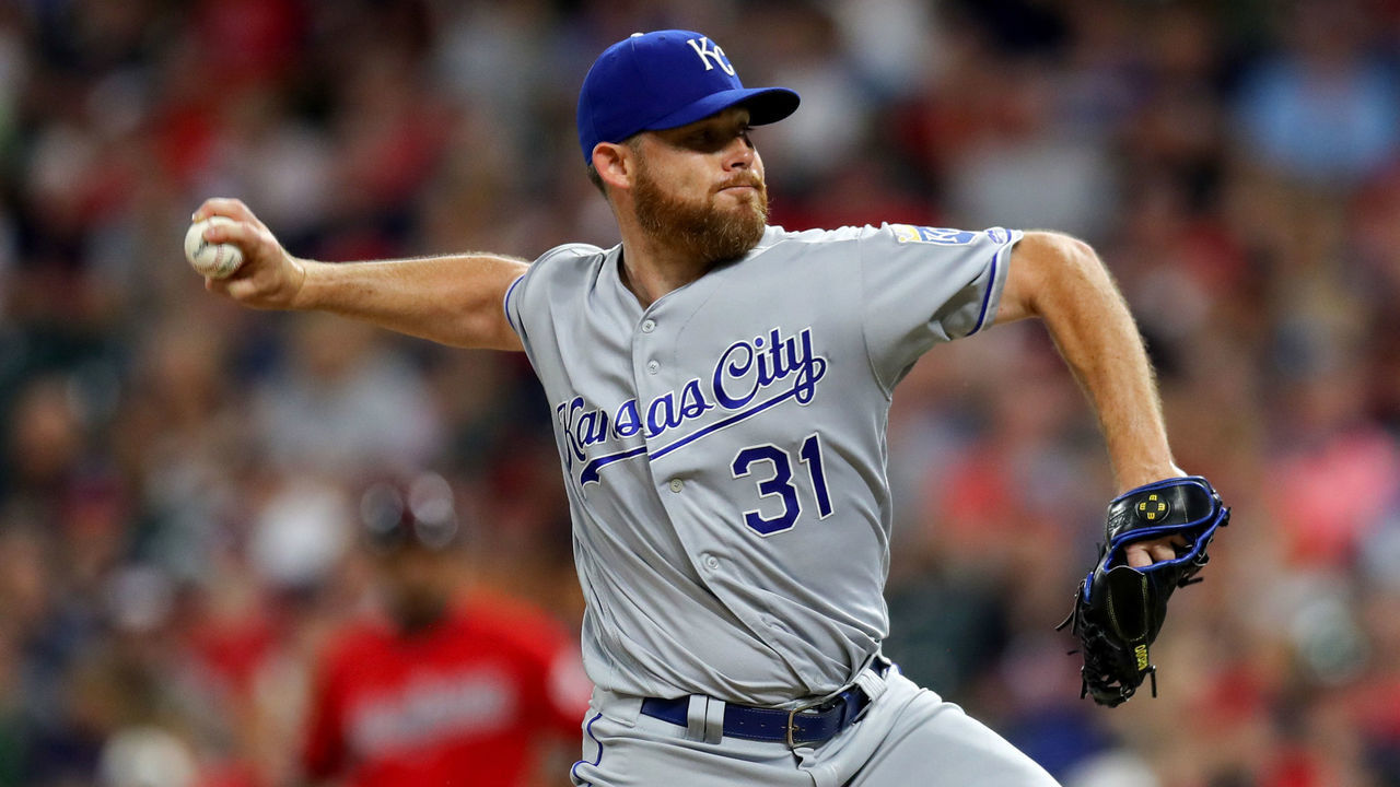 CLEVELAND, OH - JULY 20: Kansas City Royals pitcher Ian Kennedy (31) delivers a pitch to the plate during the ninth inning of the Major League Baseball game between the Kansas City Royals and Cleveland Indians on July 20, 2019, at Progressive Field in Cleveland, OH.