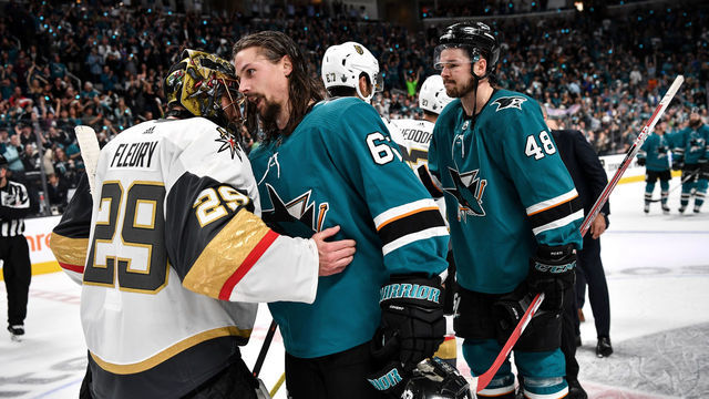 SAN JOSE, CA - APRIL 23: Erik Karlsson #65 of the San Jose Sharks shakes hands with Marc-Andre Fleury #29 of the Vegas Golden Knights in Game Seven of the Western Conference First Round during the 2019 NHL Stanley Cup Playoffs at SAP Center on April 23, 2019 in San Jose, California