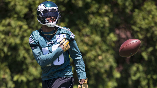 PHILADELPHIA, PA - JUNE 11: DeSean Jackson #10 of the Philadelphia Eagles tosses the ball during mandatory minicamp at the NovaCare Complex on June 11, 2019 in Philadelphia, Pennsylvania.