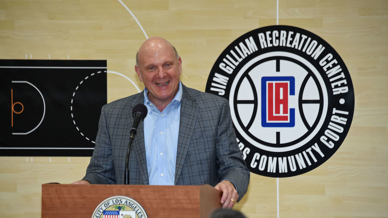 LOS ANGELES, CA - APRIL 02: Owner of the LA Clippers, Steve Ballmer participates in the announcement of a major gift to renovate nearly 350 public basketball courts in the city at Jim Gilliam Recreation Center on April 02, 2018 in Los Angeles, California. NOTE TO USER: User expressly acknowledges and agrees that, by downloading and/or using this Photograph, user is consenting to the terms and conditions of the Getty Images License Agreement. Mandatory Copyright Notice: Copyright 2018 NBAE