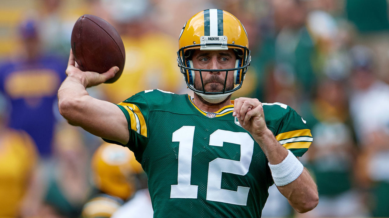 GREEN BAY, WI - SEPTEMBER 16: Green Bay Packers Quarterback Aaron Rodgers (12) throws the football during warm-ups prior to game action during an NFL game between the Minnesota Vikings and the Green Bay Packers on September 16, 2018 at Lambeau Field, in Green Bay, Wisconsin. The Green Bay Packers and the Minnesota Vikings played to a 29-29 tie.