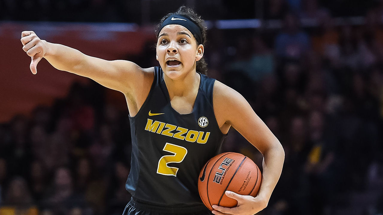 KNOXVILLE, TN - JANUARY 06: Missouri Tigers guard Akira Levy (2) calling a play from the top of the keys during a college basketball game between the Tennessee Lady Volunteers and Missouri Tigers on January 6, 2019, at Thompson-Boling Arena in Knoxville, TN.