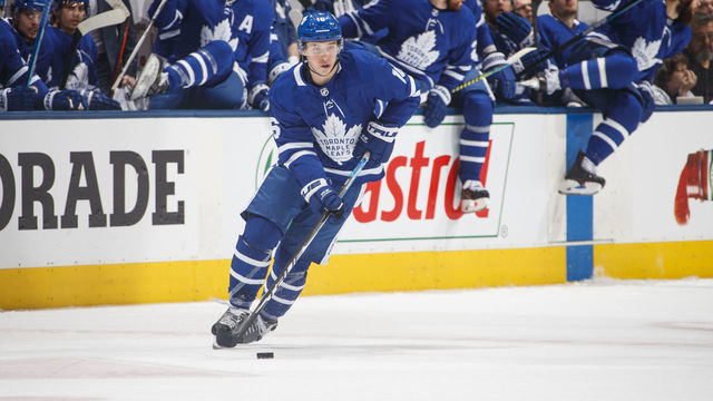 TORONTO, ON - APRIL 21: Mitch Marner #16 of the Toronto Maple Leafs skates against the Boston Bruins during the first period during Game Six of the Eastern Conference First Round during the 2019 NHL Stanley Cup Playoffs at the Scotiabank Arena on April 21, 2019 in Toronto, Ontario, Canada.