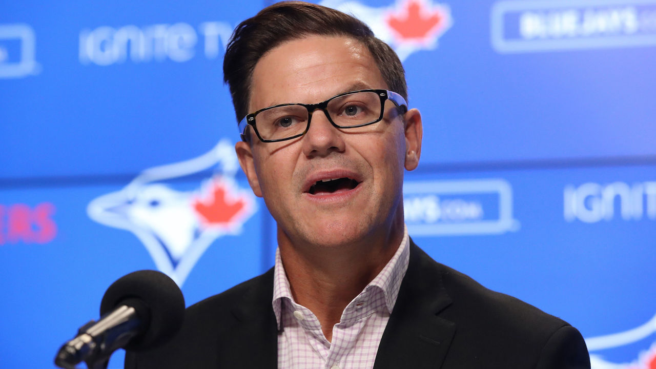 TORONTO, ON - APRIL 02: General manager Ross Atkins of the Toronto Blue Jays addresses the media after completing a trade earlier in the day that sent Kevin Pillar #11 to the San Francisco Giants during MLB game action against the Baltimore Orioles at Rogers Centre on April 2, 2019 in Toronto, Canada.
