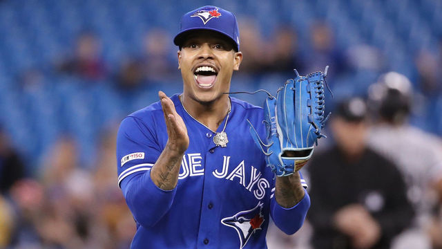 TORONTO, ON - MAY 11: Marcus Stroman #6 of the Toronto Blue Jays reacts after three quality defensive plays were made behind him in the field to end the first inning during MLB game action against the Chicago White Sox at Rogers Centre on May 11, 2019 in Toronto, Canada.