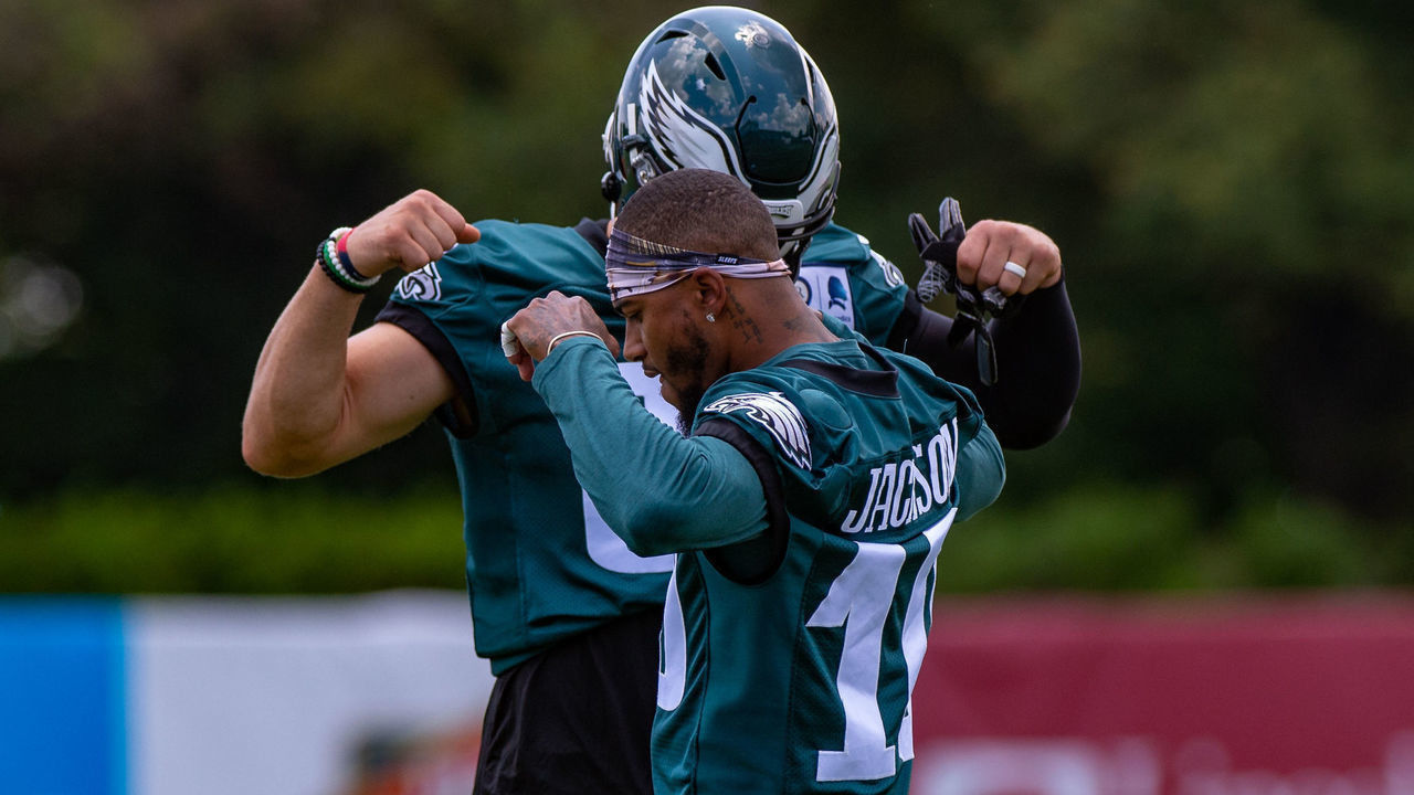 PHILADELPHIA, PA - JULY 25: Philadelphia Eagles wide receiver DeSean Jackson (10) and tight end Zach Ertz (86) flex their muscles during Philadelphia Eagles Training Camp on July 25, 2019 at the Novacare Complex in Philadelphia, PA